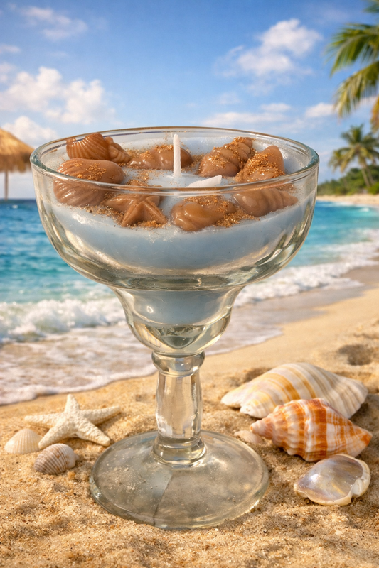 Beach linen scented candle and margarita glass