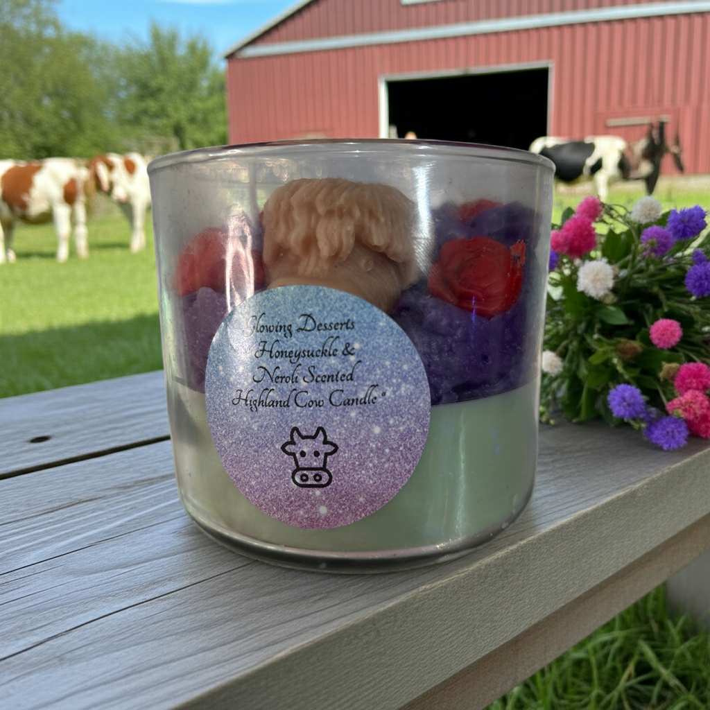 Honeysuckle and Neroly scented Highland cow candle